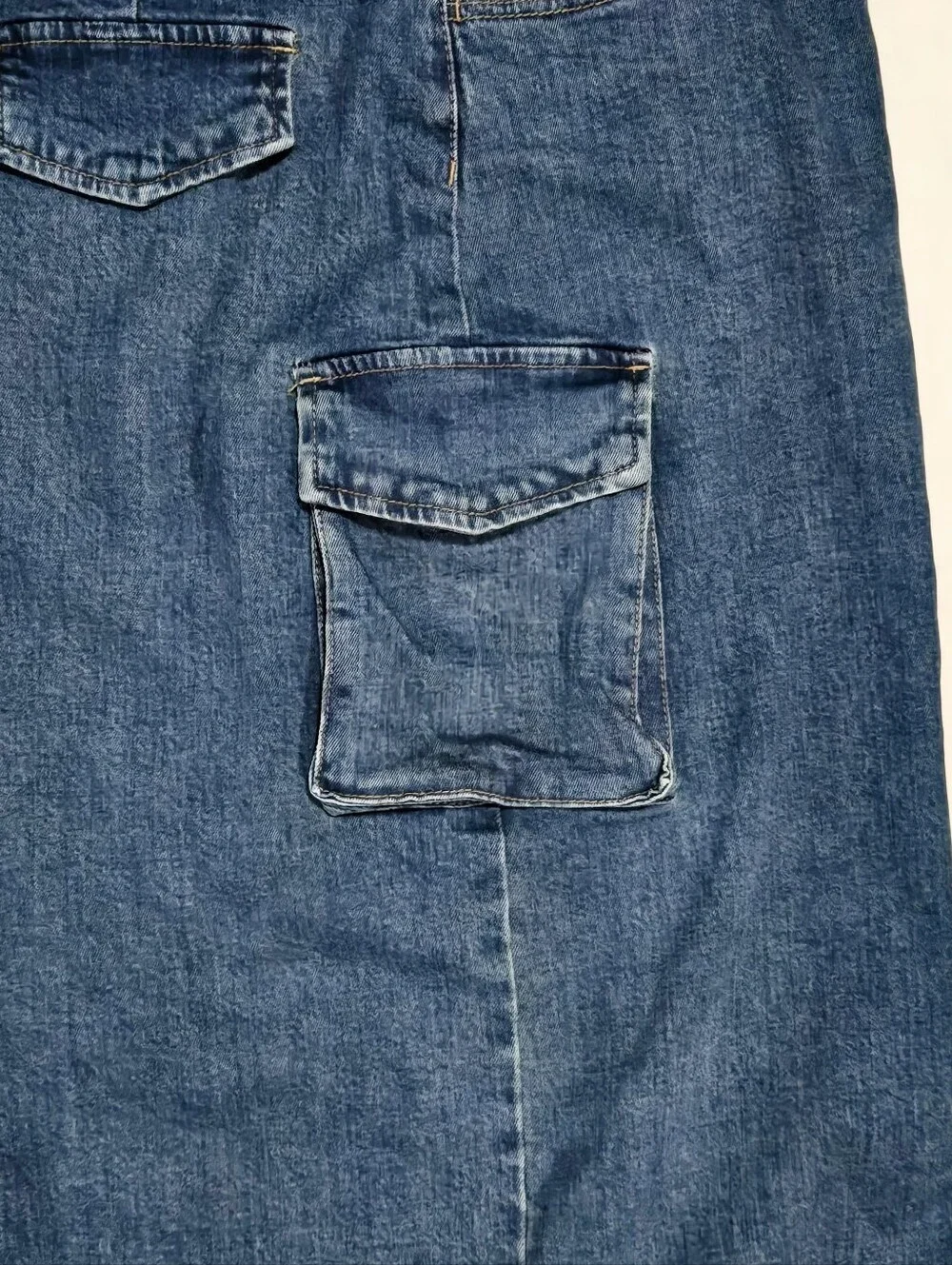 Denim Cargo Pocket Midi Skirt - Blue